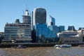 View of skyscrapers of Central business district. of London from Thames river